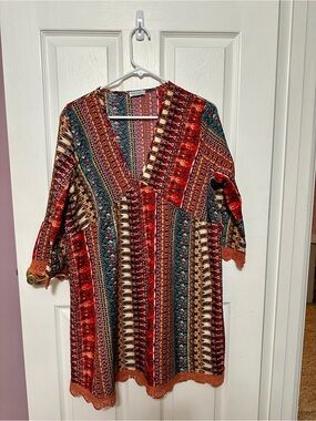 Abela+Story Large Boho V-Neck Patterned Tunic Dress in Burnt Orange & Teal